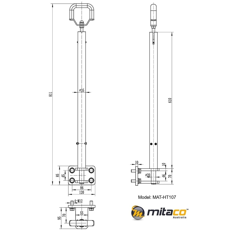 Spring Loaded Tow Long Steel Pin Hitch for KMT-T and KMT-UT Tugs